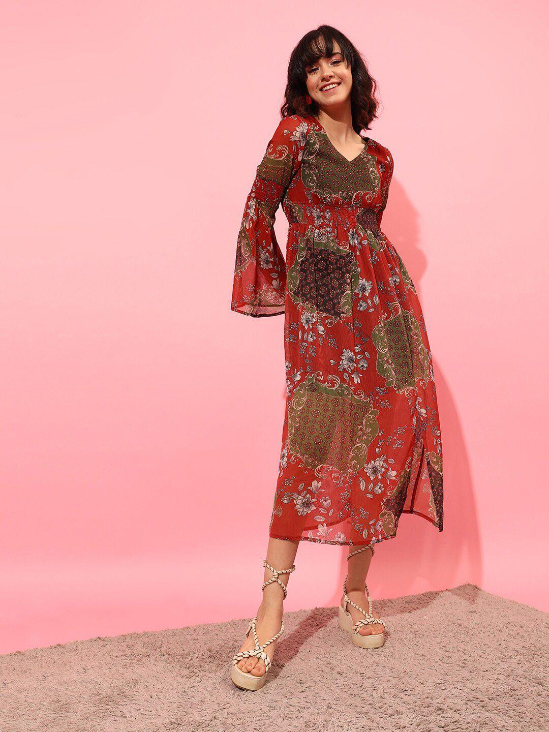 street 9 ethnic motif printed v neck bell sleeves smocked midi dress