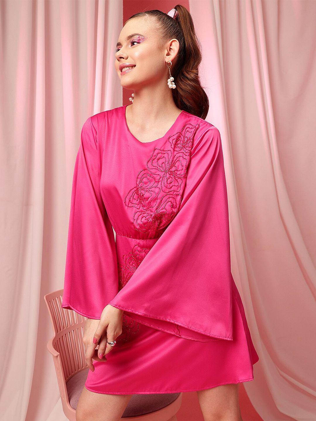 street 9 fuchsia embellished bell sleeve satin fit & flare dress