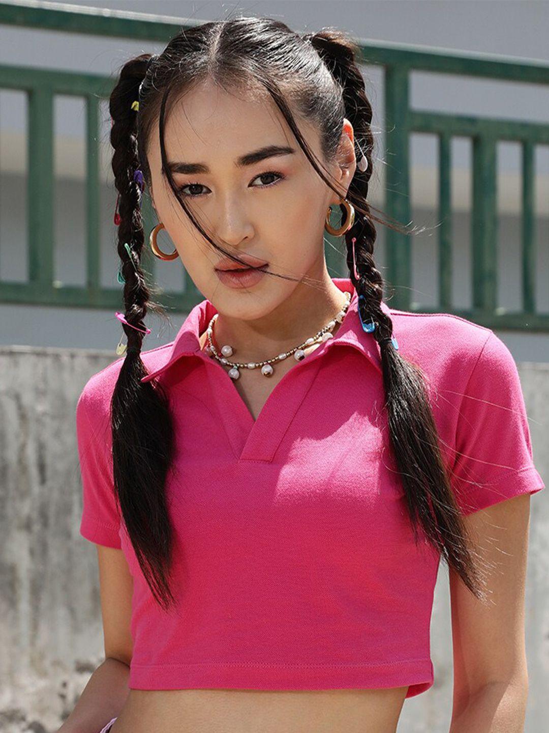 street 9 fuchsia polo collar pure cotton crop t-shirt