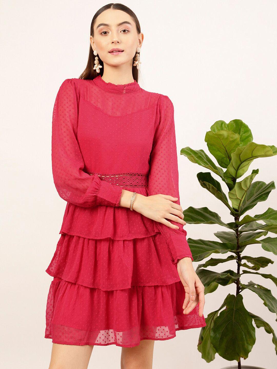 street 9 fuchsia self design high neck puff sleeves layered fit & flare dress