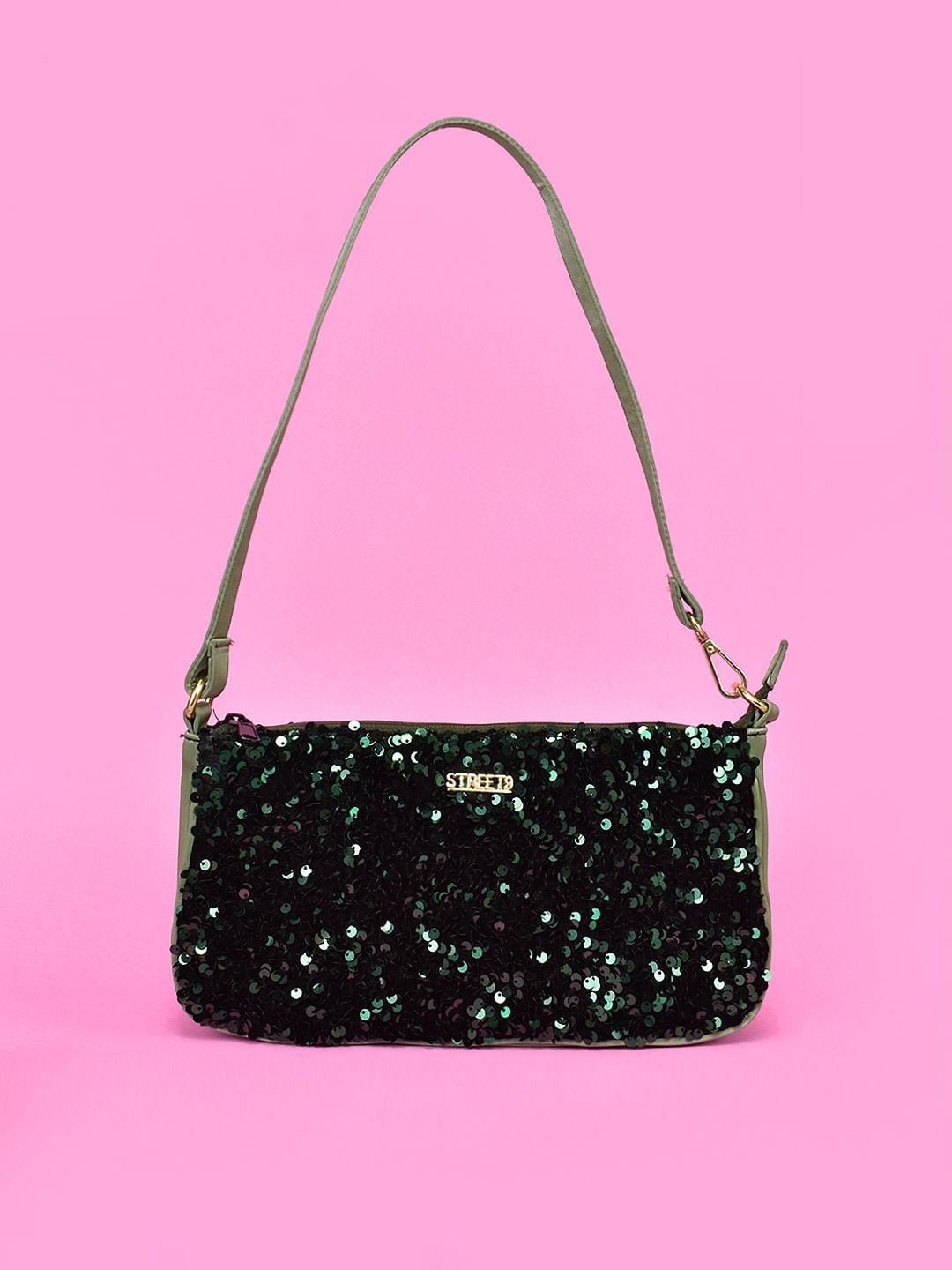 street 9 green embellished sequined  pu structured shoulder bag