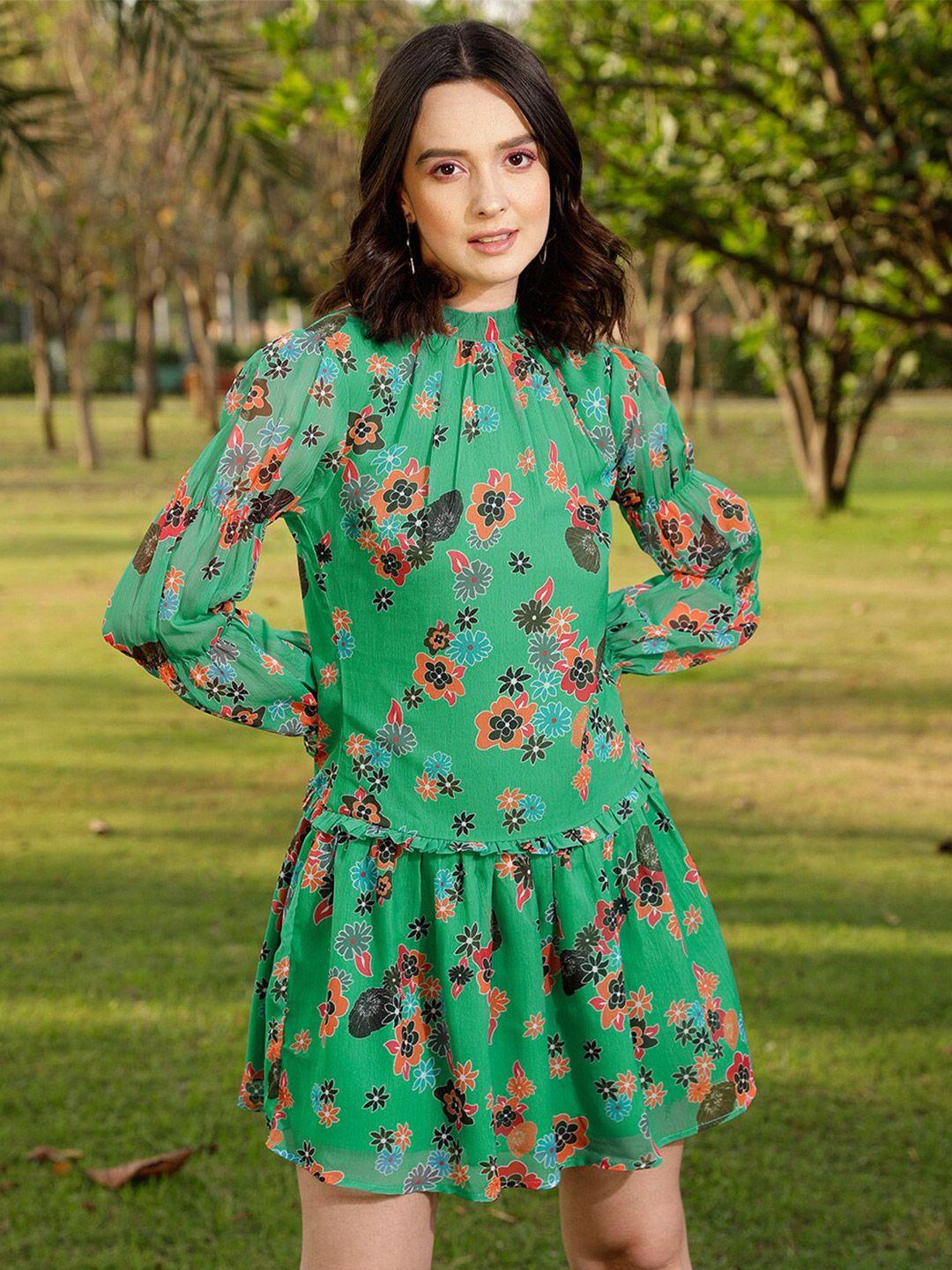 street 9 green floral print georgette a-line dress