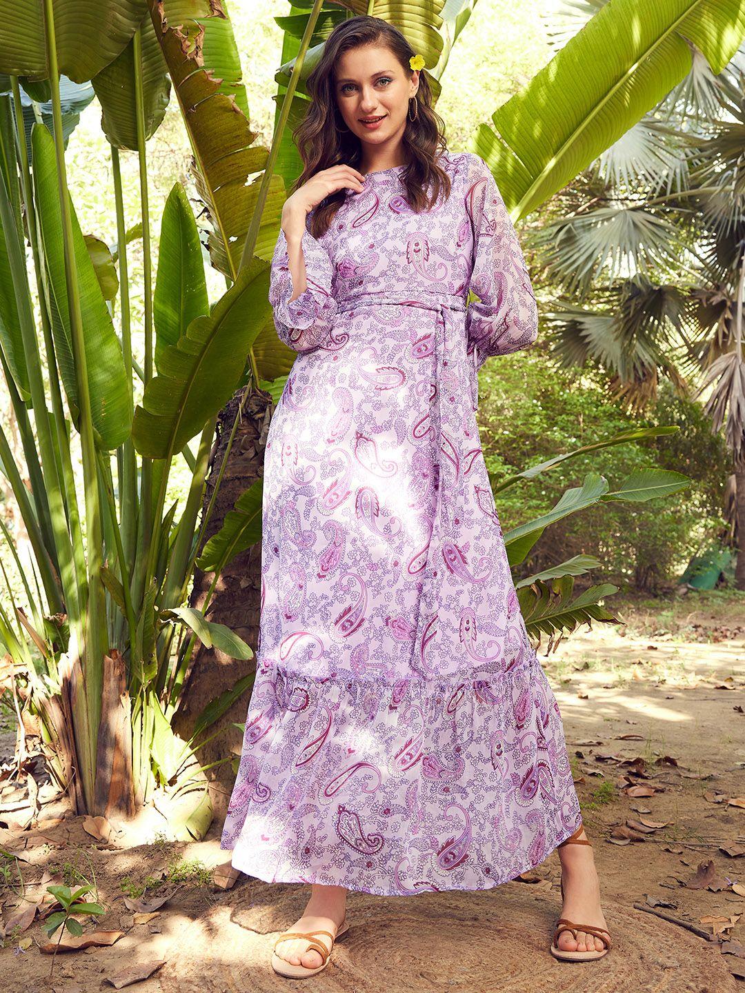 street 9 lavender floral printed puff sleeves tiered maxi dress with belt