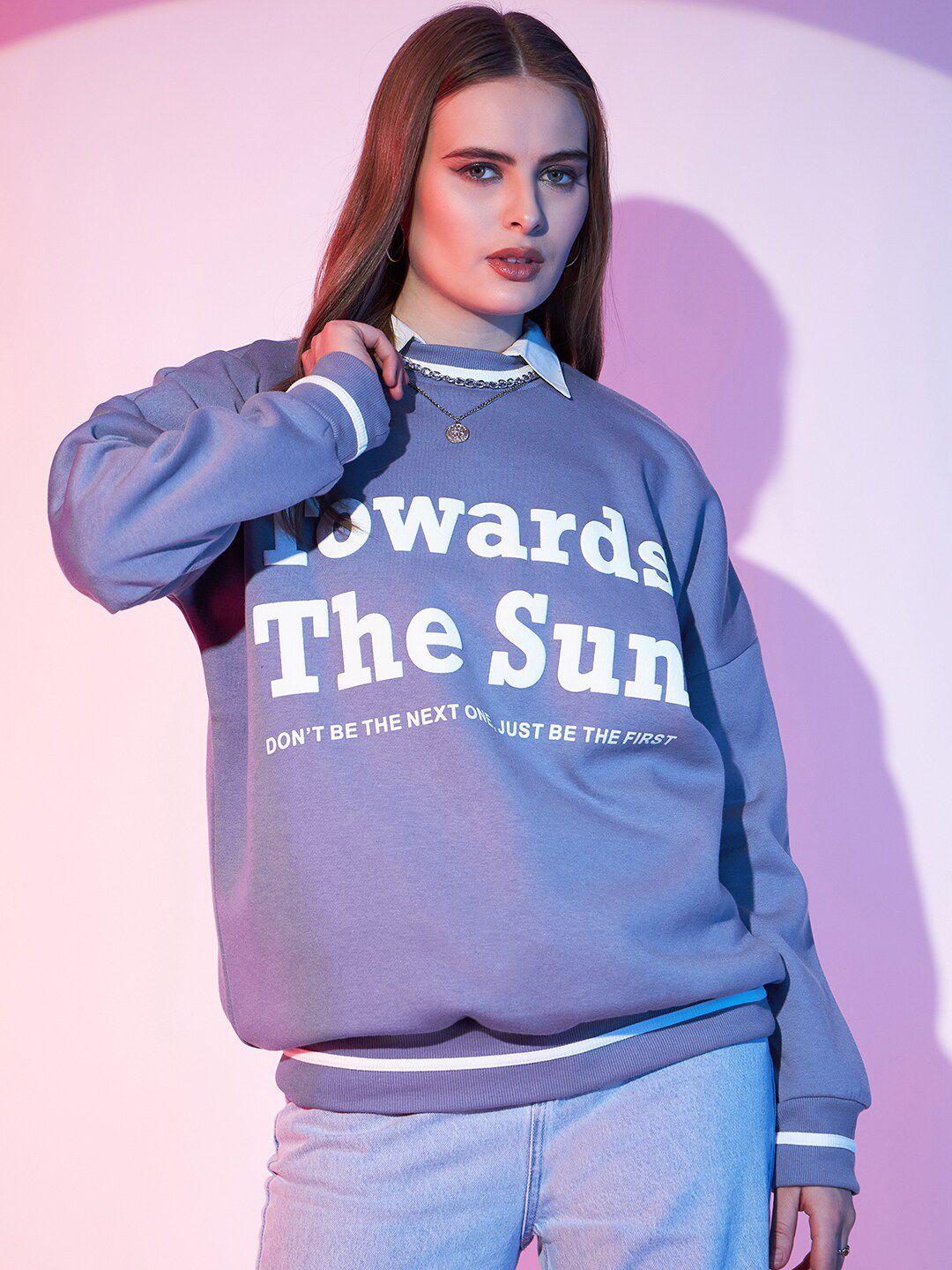 street 9 lavender typography printed drop shoulder pullover fleece sweatshirt