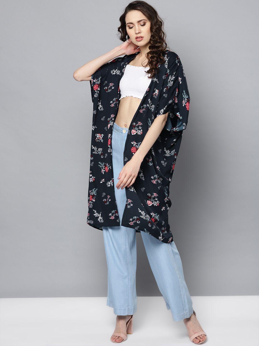 street 9 navy blue & white printed open front shrug