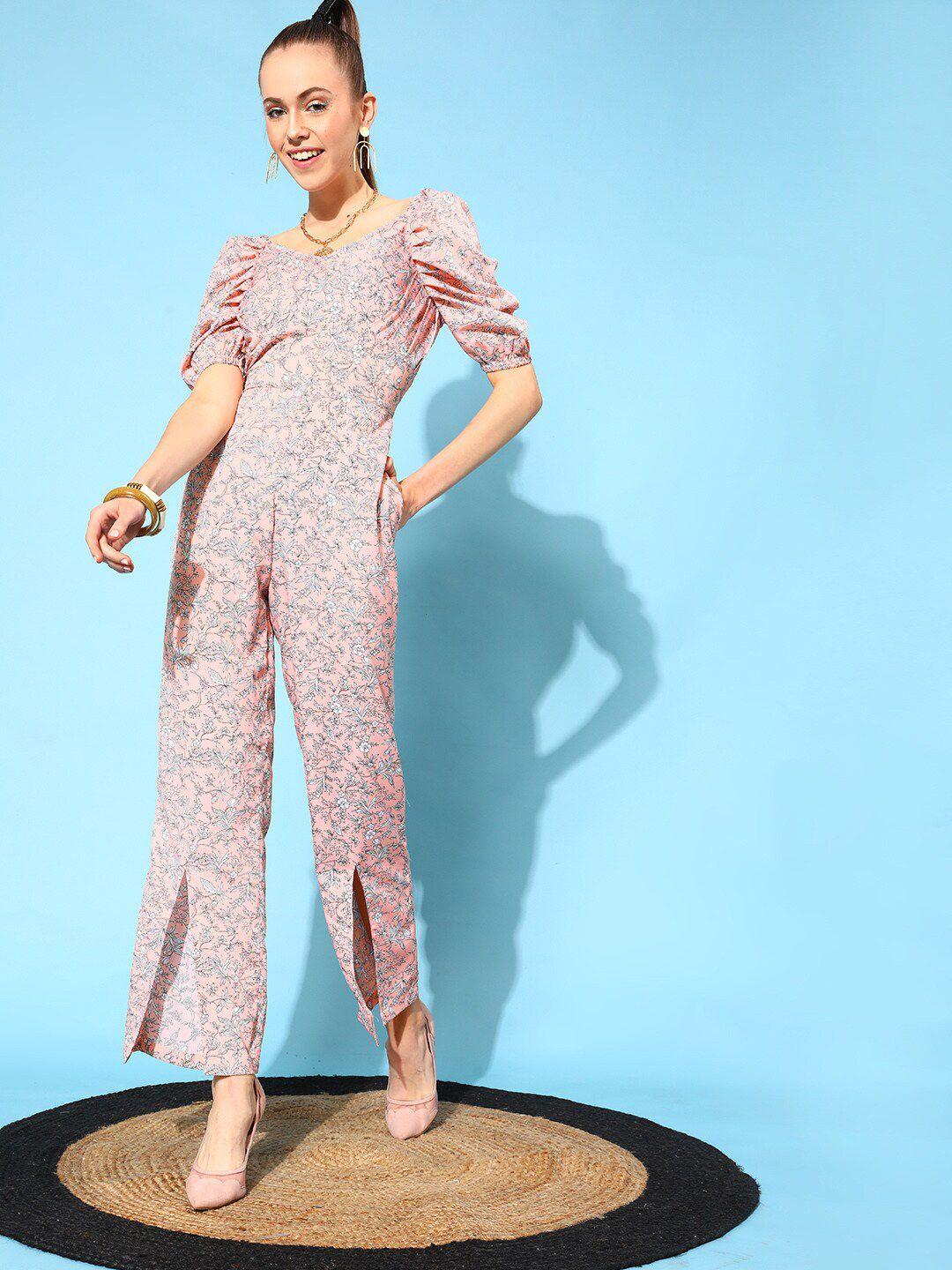 street 9 peach-coloured & grey printed basic jumpsuit