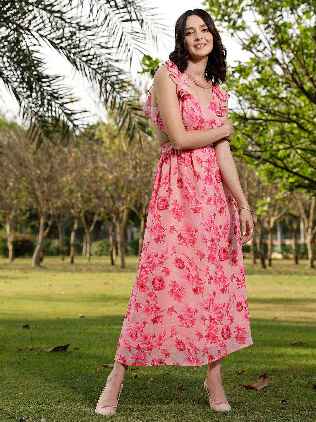 street 9 peach-coloured floral print georgette maxi dress