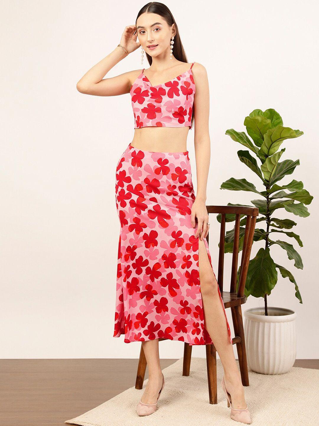 street 9 pink & red floral printed crop top with skirt co-ords