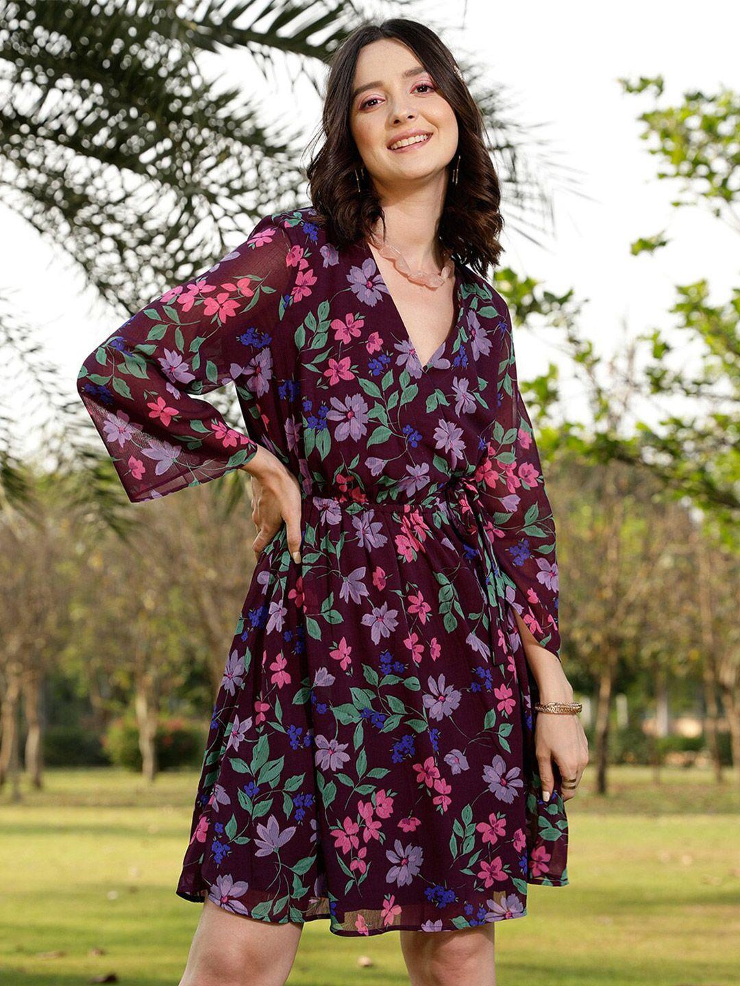 street 9 purple floral print flared sleeve chiffon dress