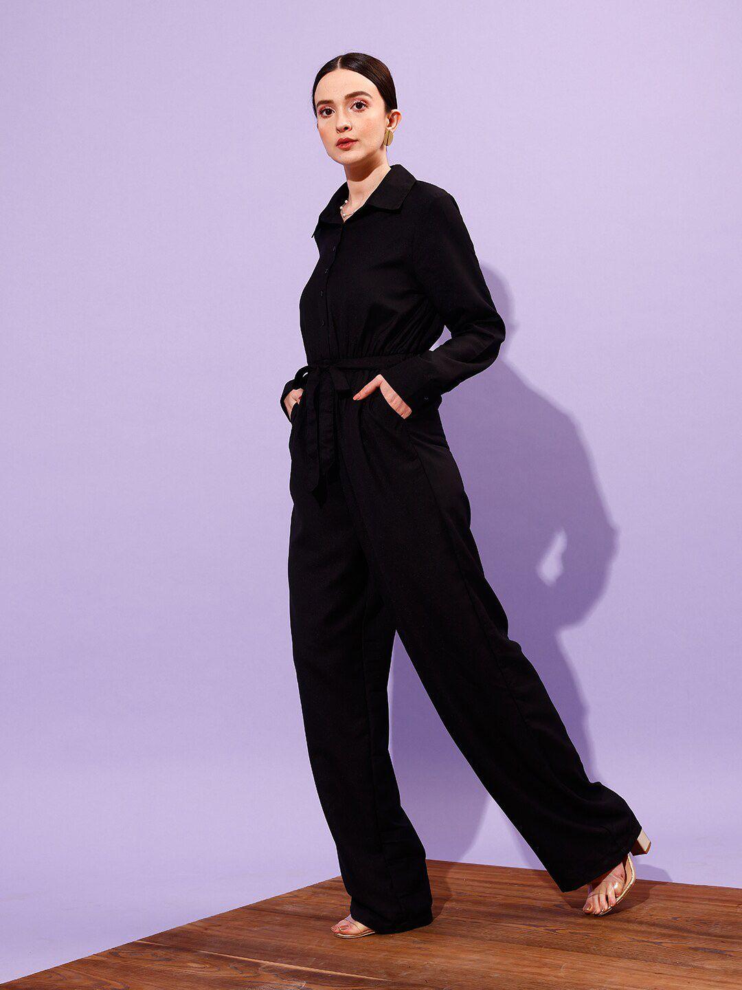 street 9 shirt collar long sleeve waist tie-ups basic jumpsuit