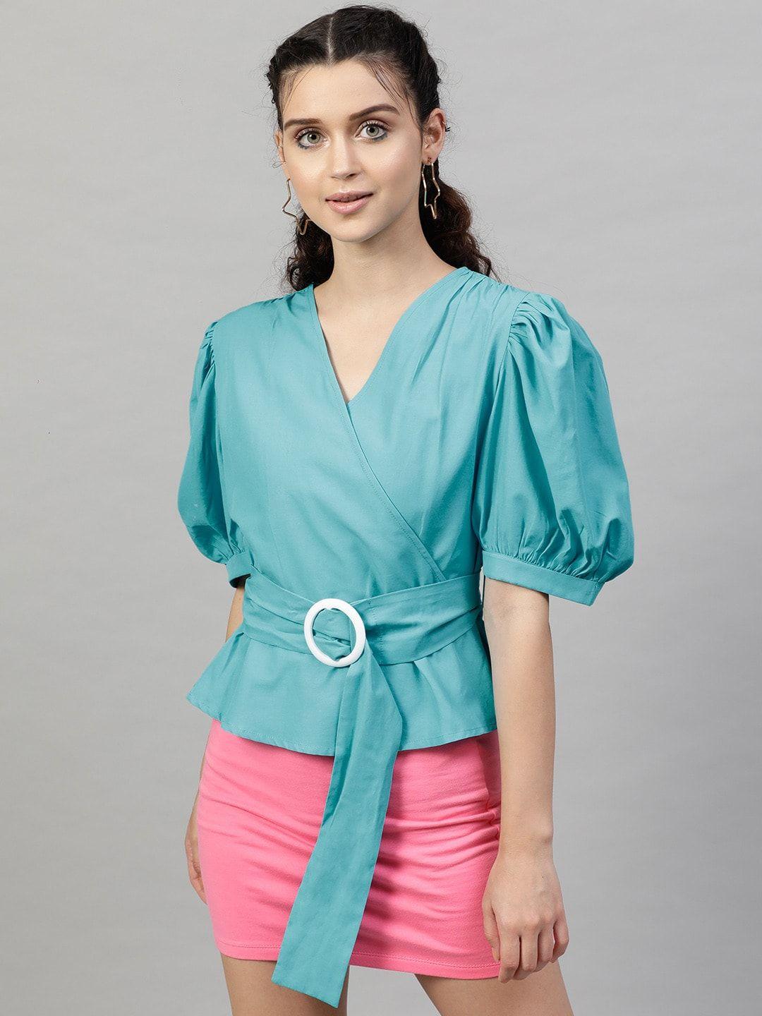 street 9 turquoise blue puff sleeves pure cotton wrap top
