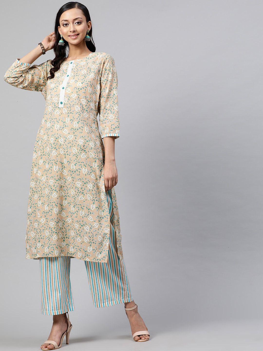 street 9 women beige & blue printed kurta with trousers