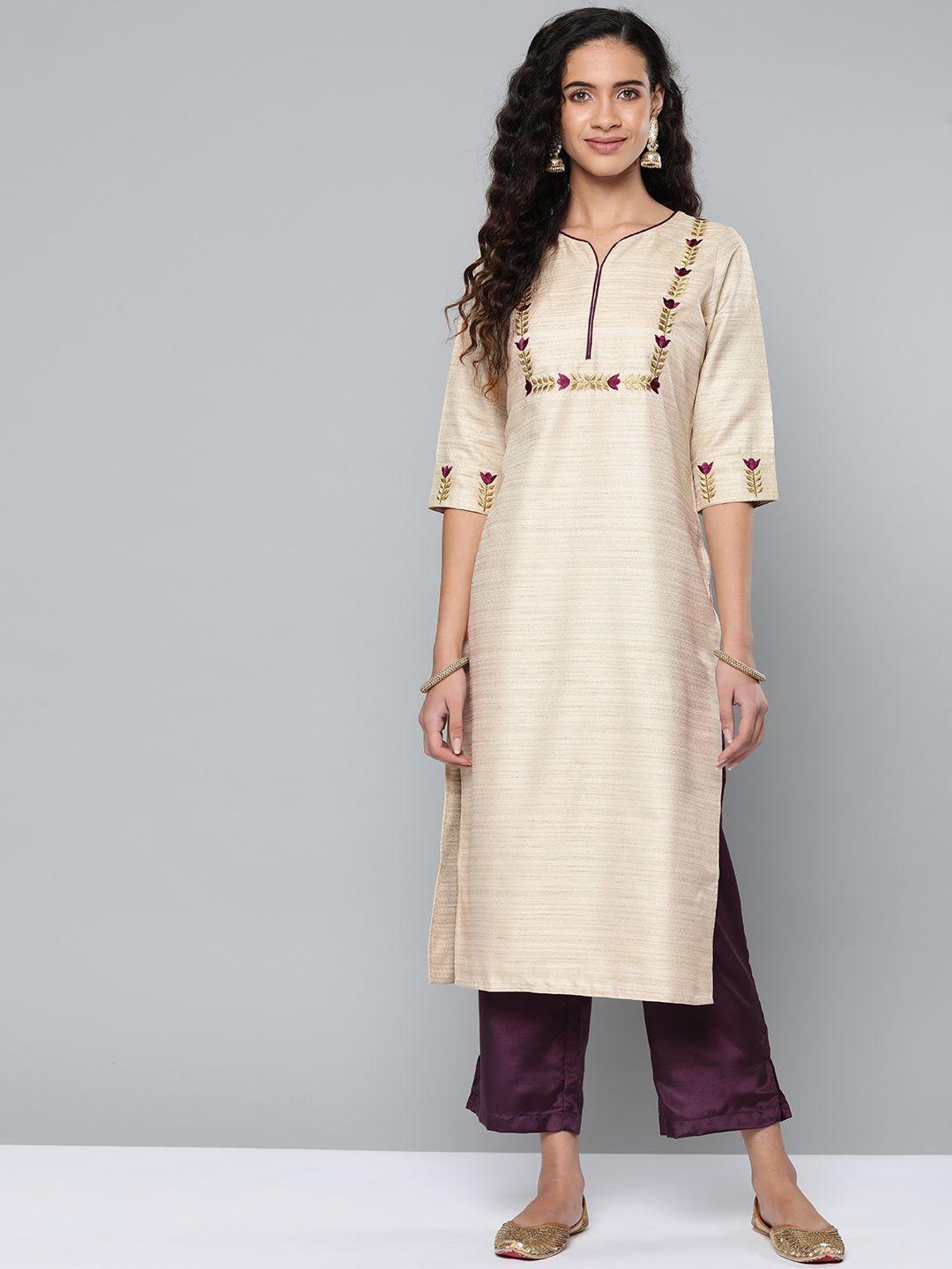 street 9 women beige & burgundy yoke design kurta with palazzos