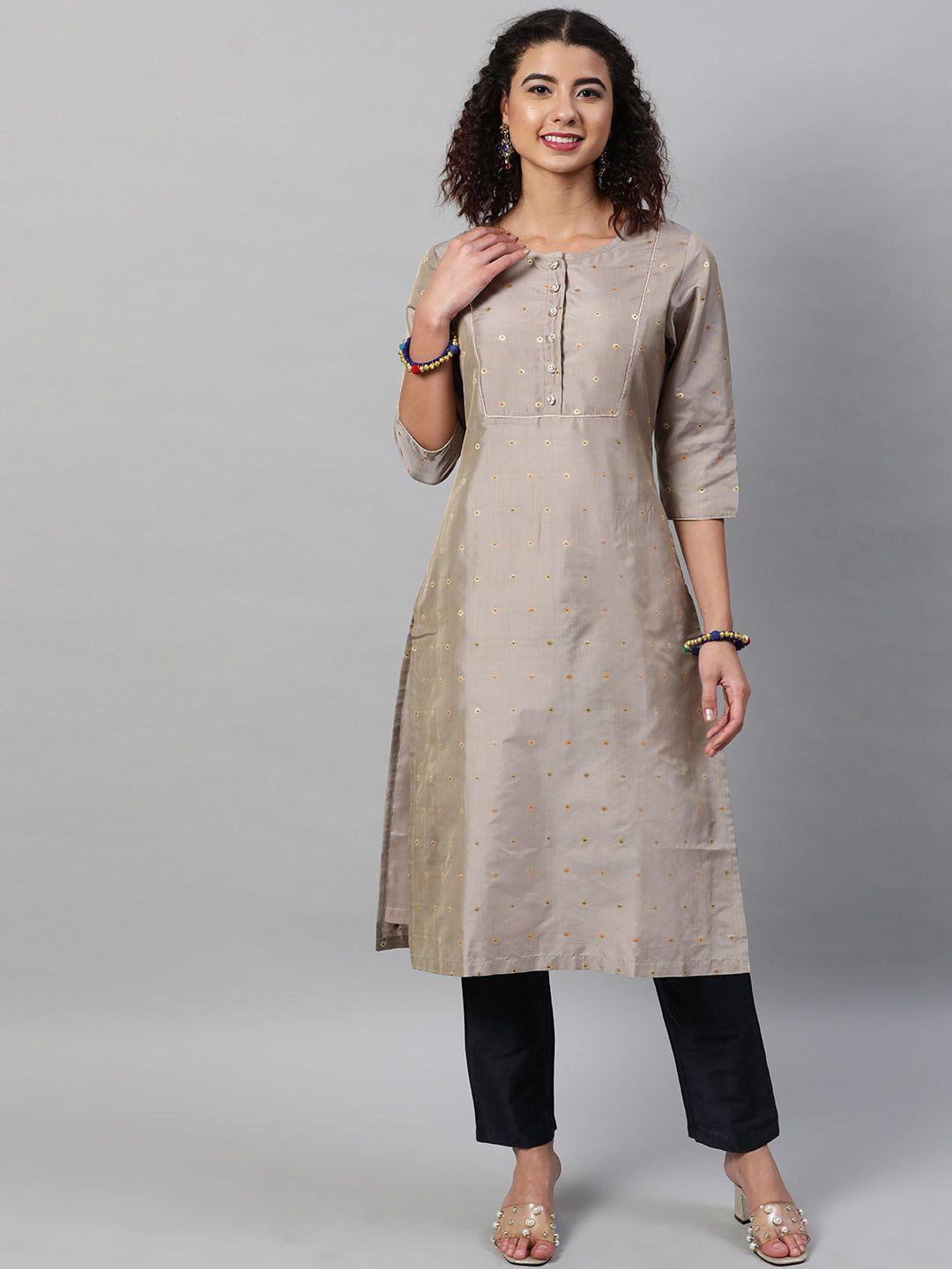 street 9 women beige & yellow floral self design panelled kurta with trousers