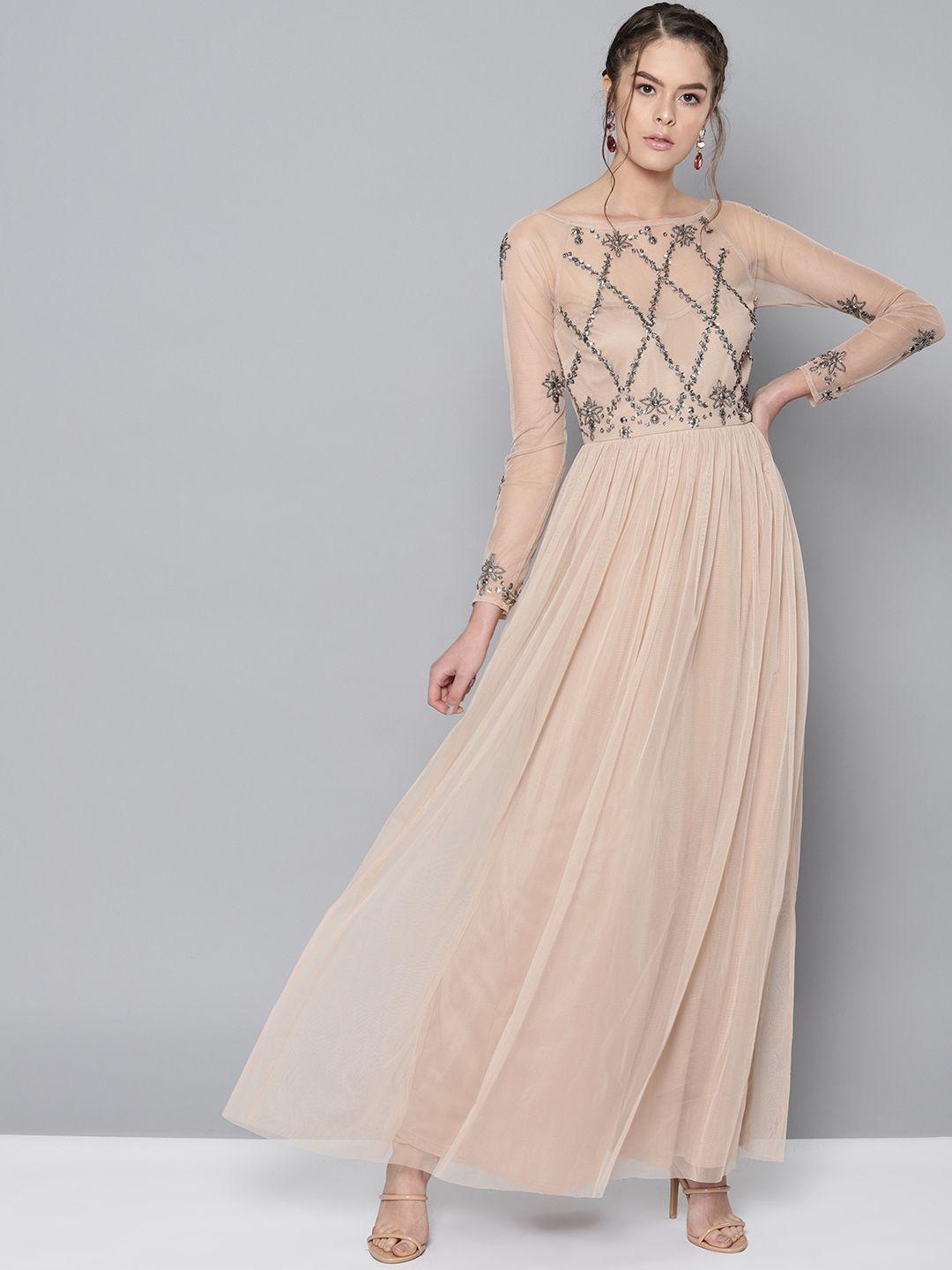 street 9 women beige embellished net semi sheer maxi dress