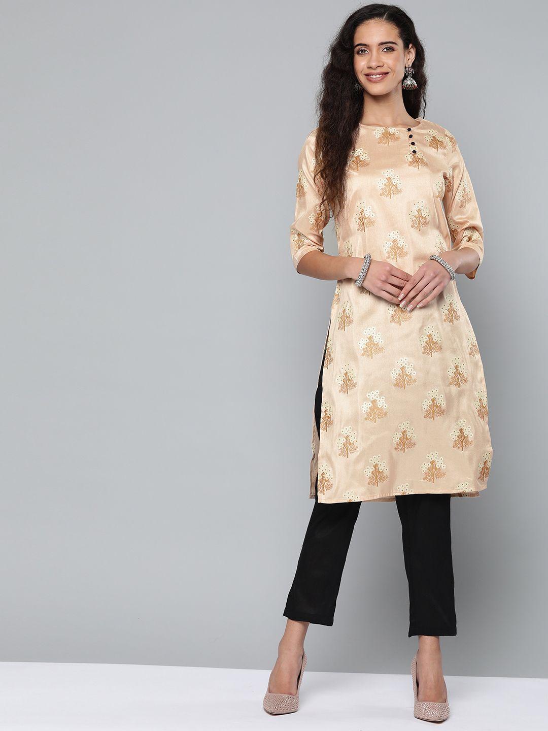 street 9 women beige foil print kurta with trousers