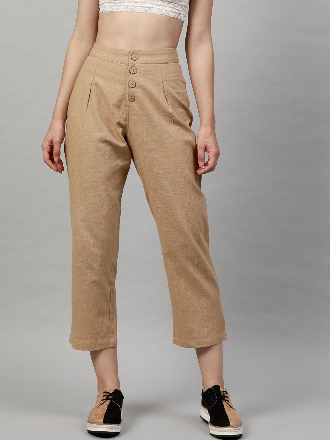 street 9 women beige regular fit solid regular trousers