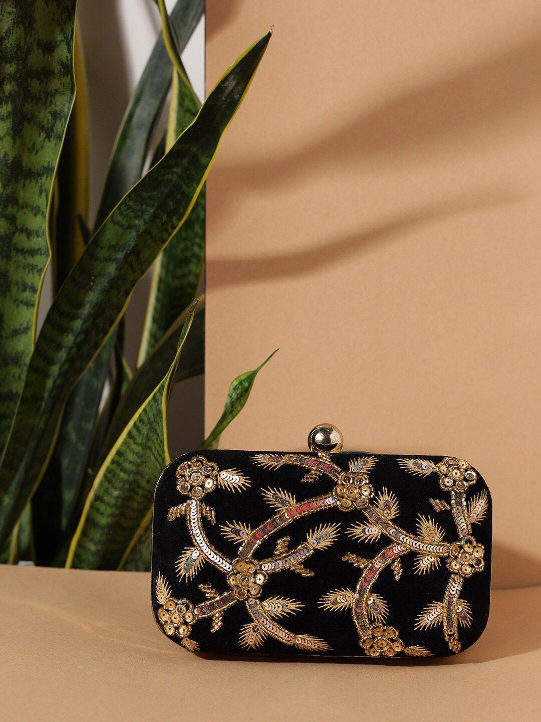street 9 women black & gold-coloured embroidered suede box clutch