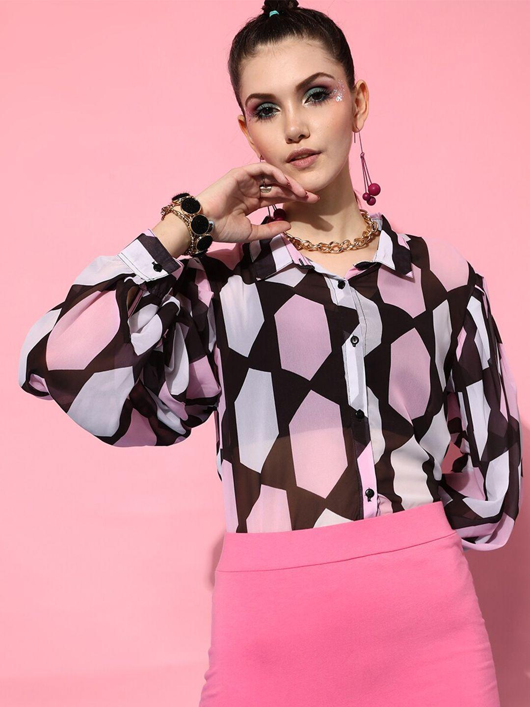 street 9 women black & pink sheer geometric printed casual shirt