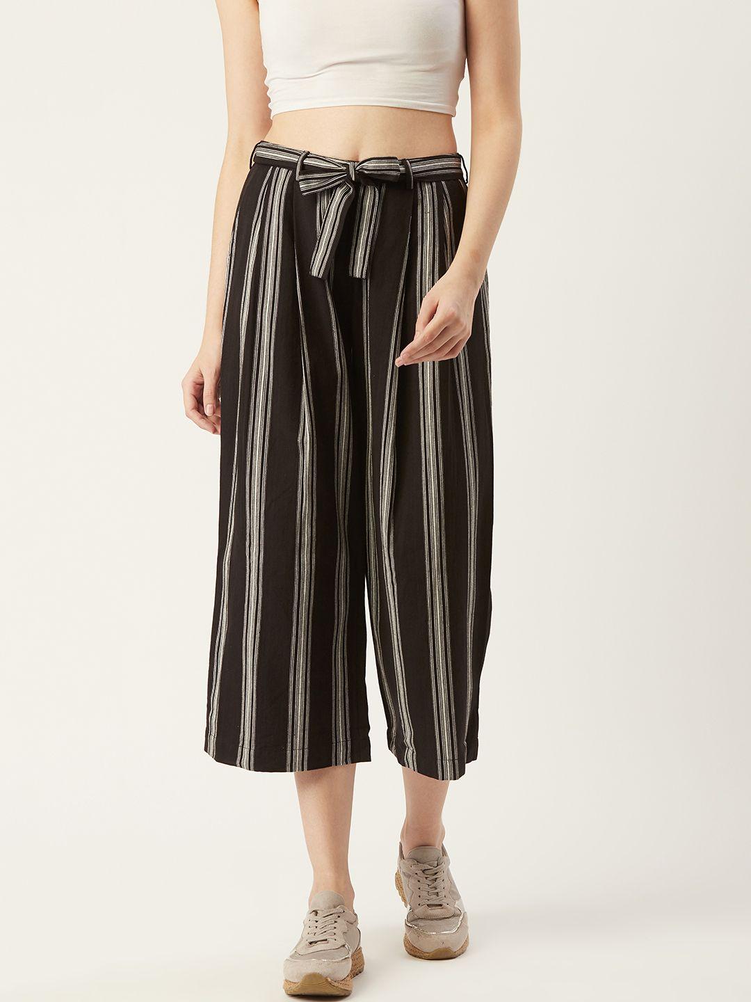 street 9 women black & white regular fit striped cropped parallel trousers