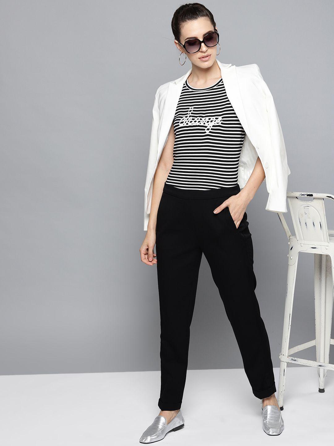 street 9 women black & white striped round neck t-shirt with embroidered detail