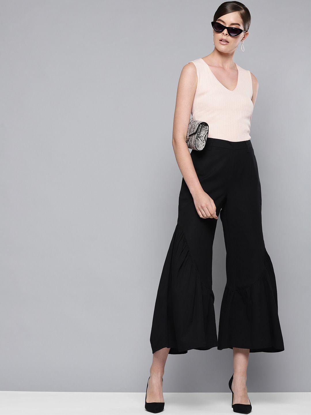street 9 women black flared solid cropped bootcut trousers