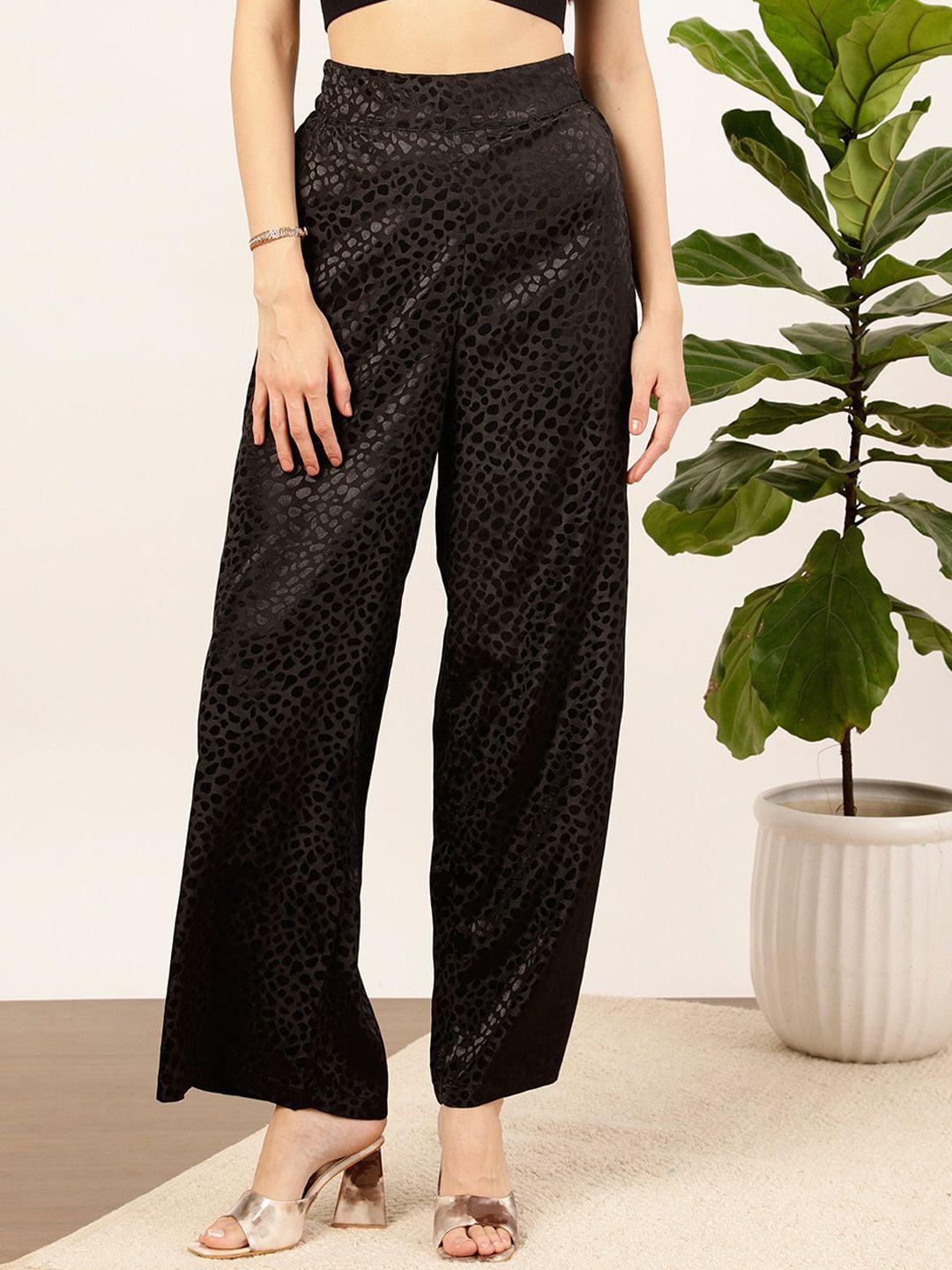 street 9 women black printed relaxed straight fit high-rise trousers