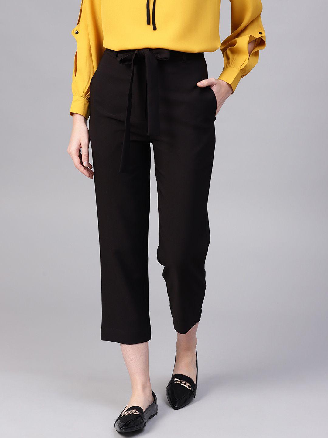 street 9 women black regular fit solid regular trousers