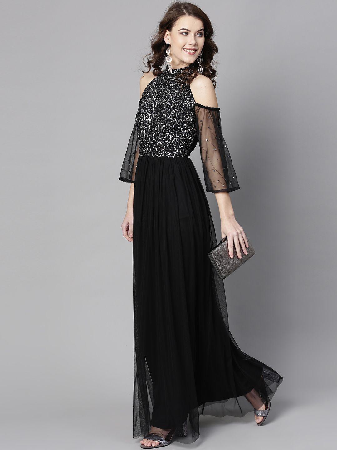 street 9 women black solid maxi dress with sequinned detail