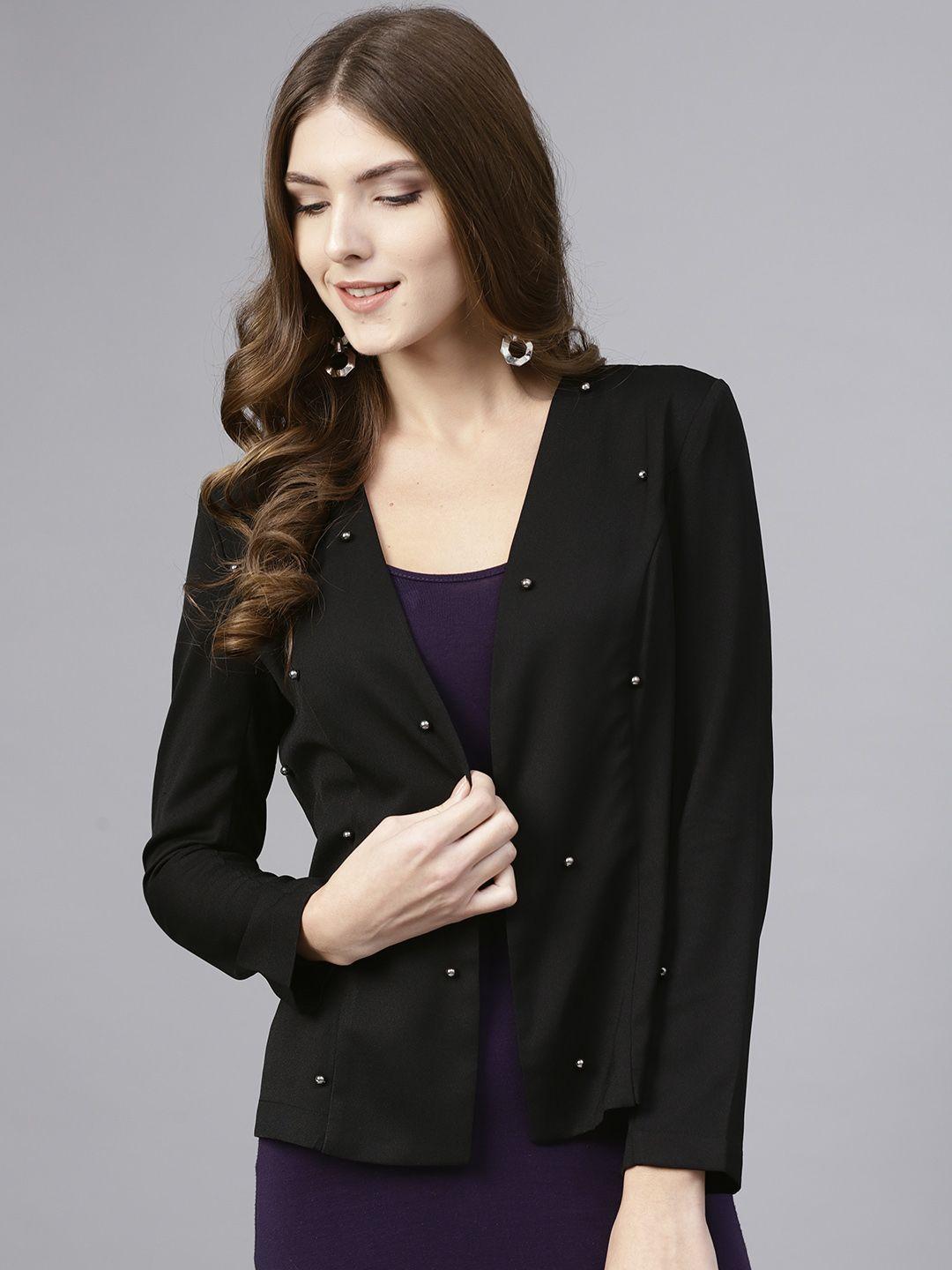 street 9 women black solid open front shrug with embellished detail