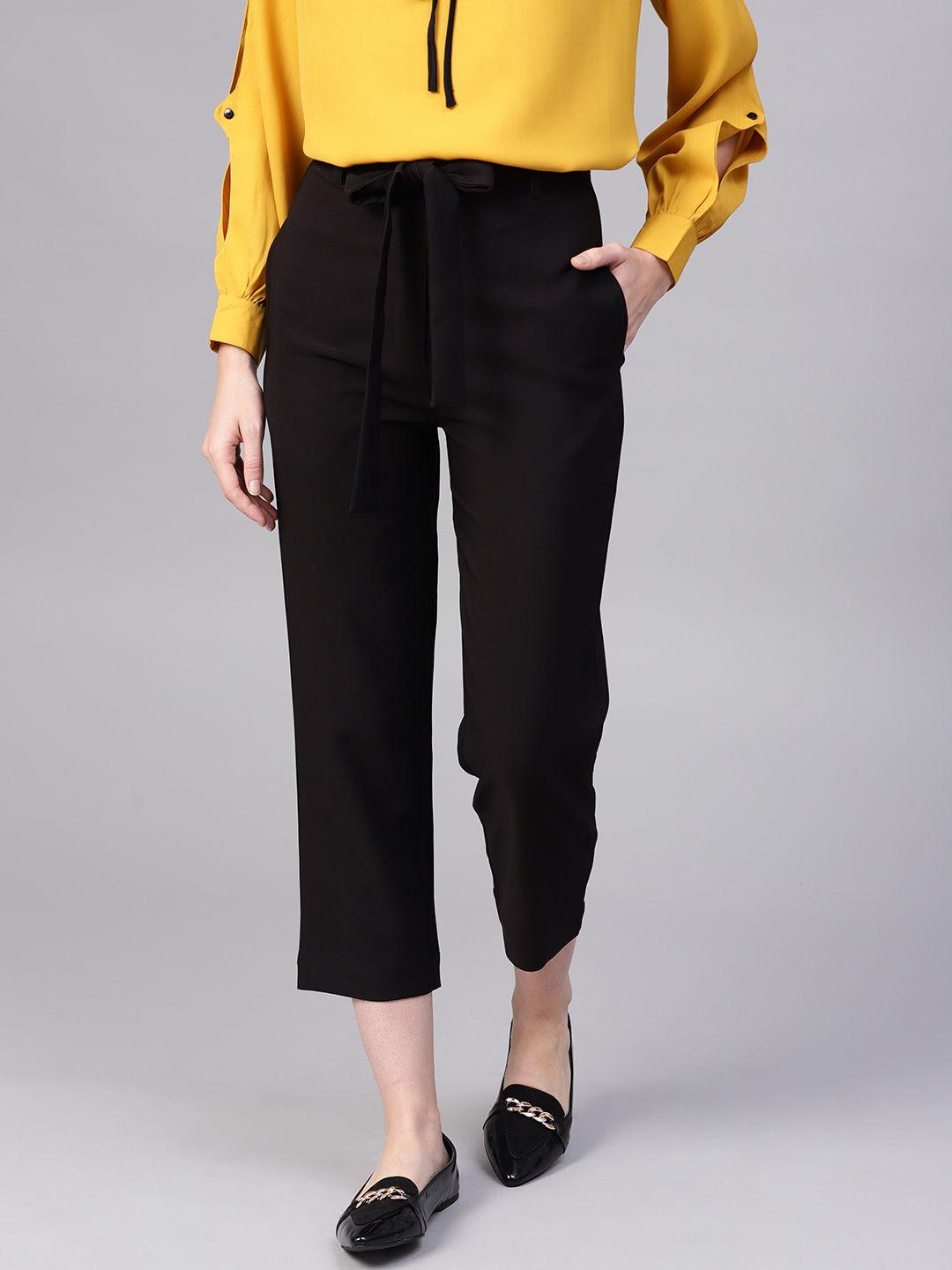 street 9 women black solid regular fit cropped trousers