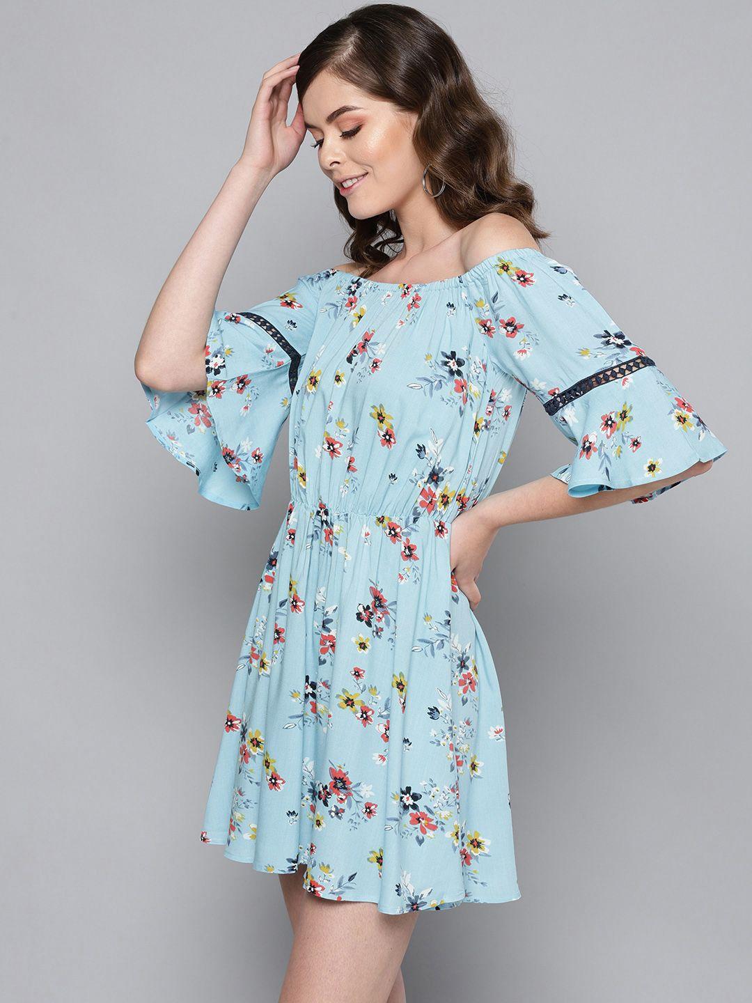 street 9 women blue & red floral print fit and flare mini dress