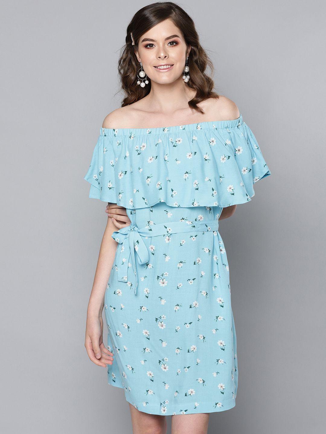 street 9 women blue & white printed off-shoulder a-line dress