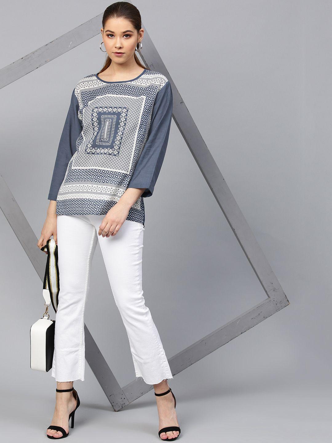 street 9 women blue & white printed top