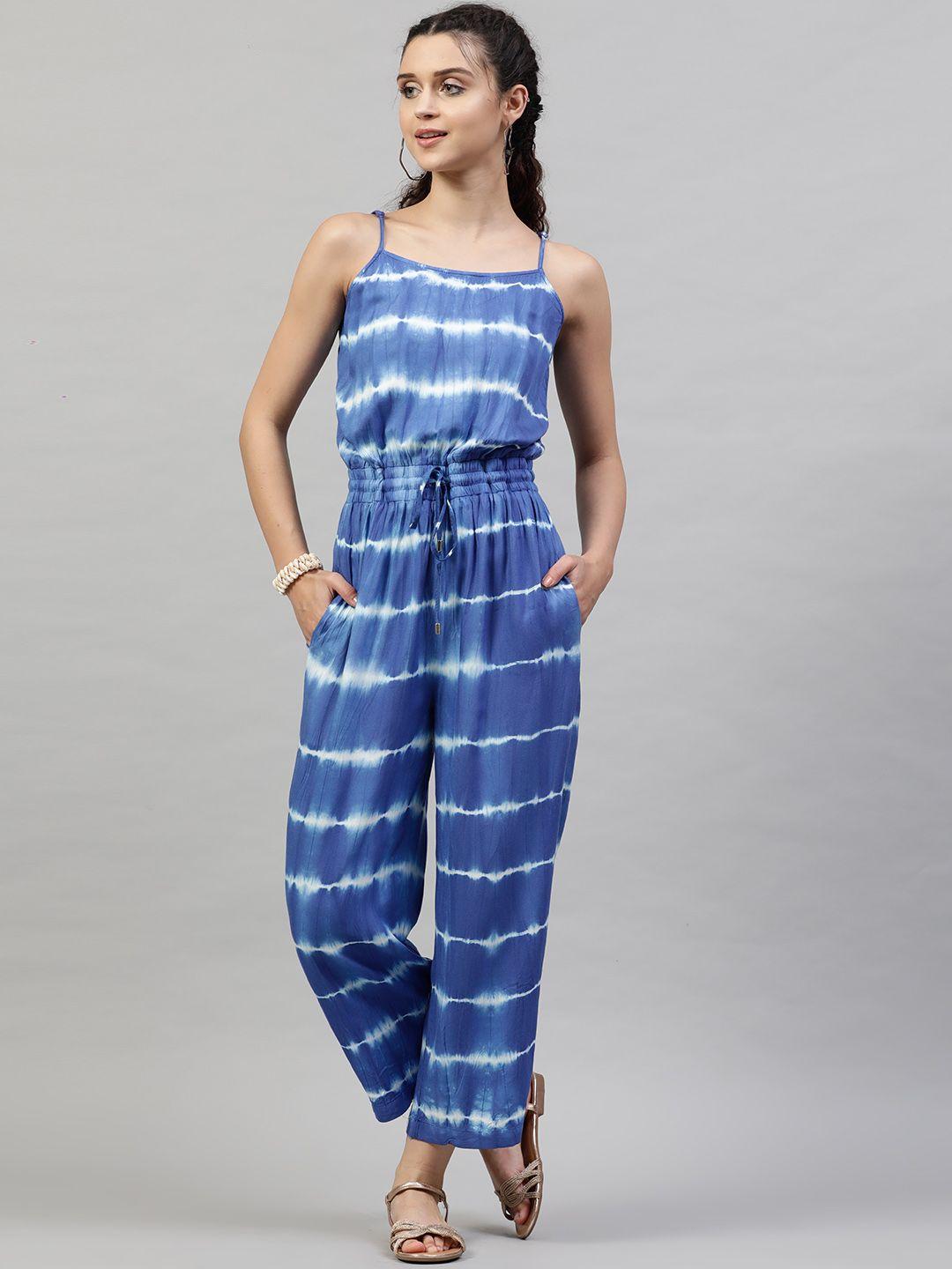 street 9 women blue & white striped basic jumpsuit