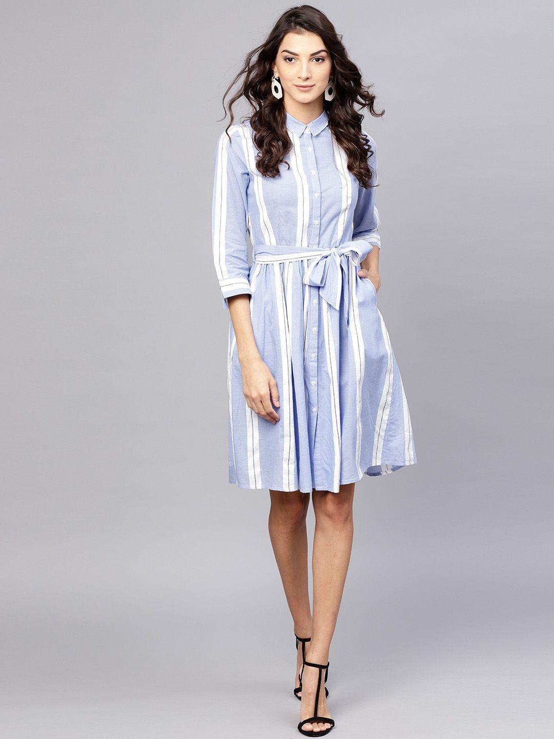 street 9 women blue & white striped shirt dress