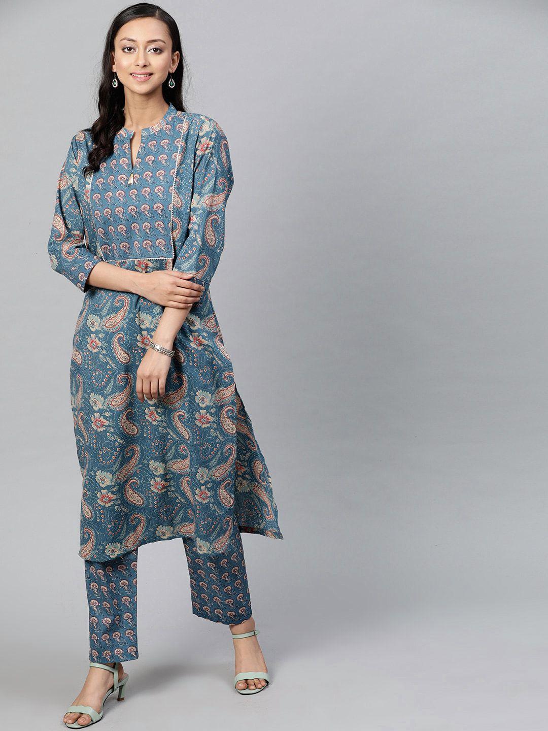 street 9 women blue printed kurta with trousers