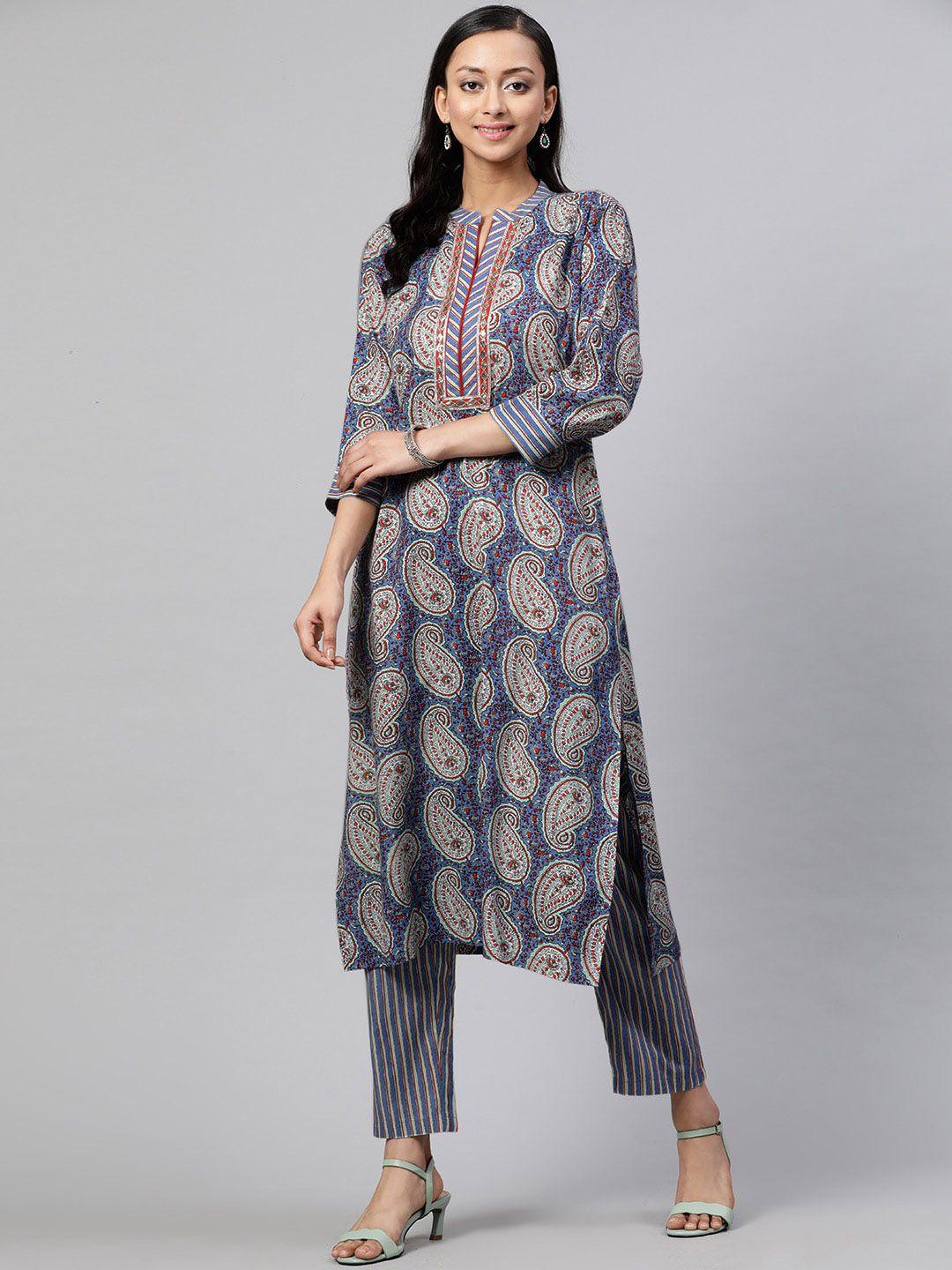 street 9 women blue printed kurta with trousers