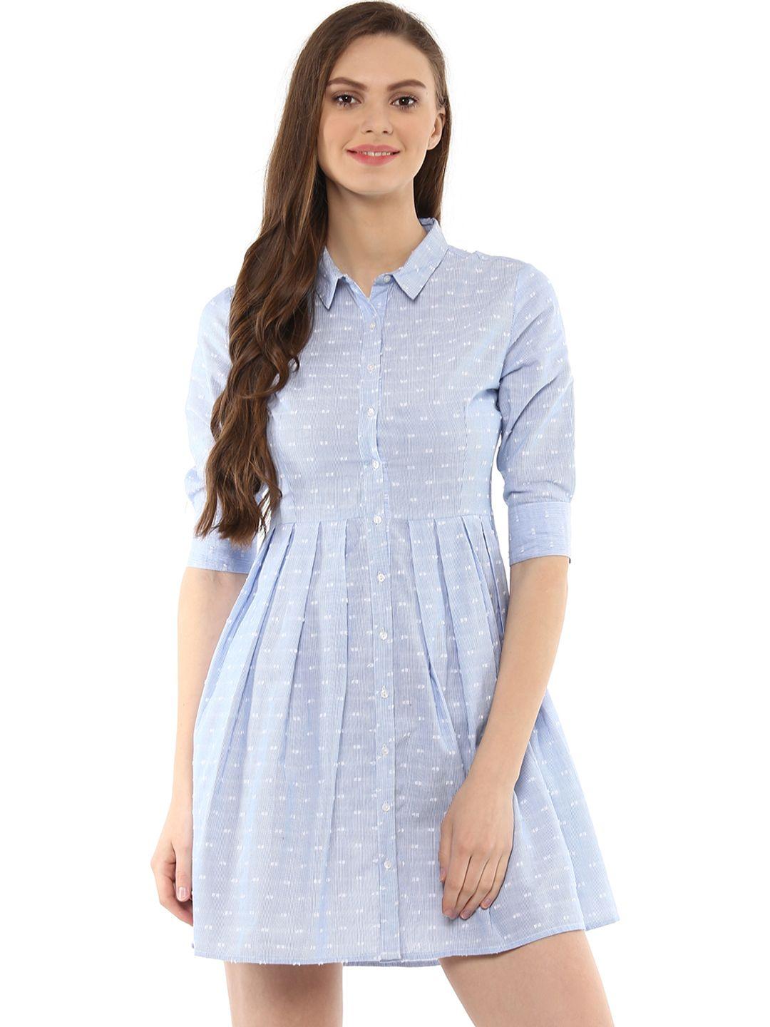 street 9 women blue self-striped pleated shirt dress