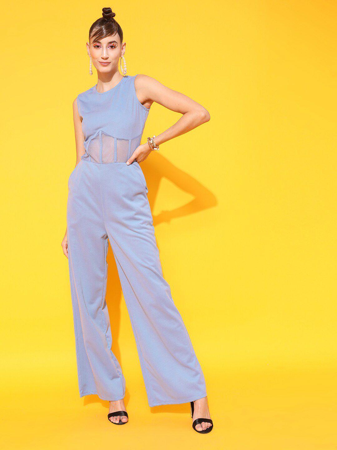 street 9 women blue solid basic jumpsuit