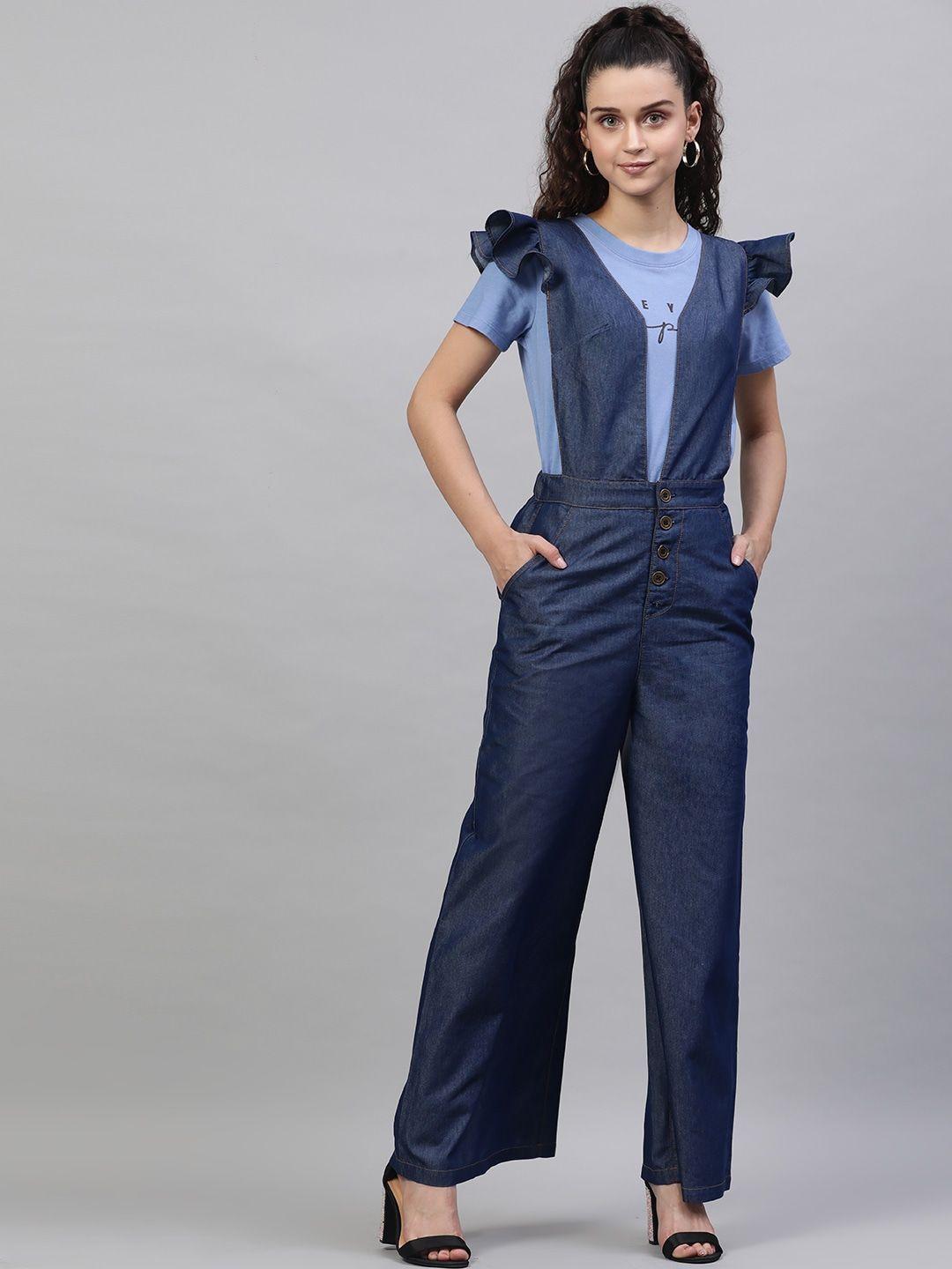 street 9 women blue solid denim front open jumpsuit