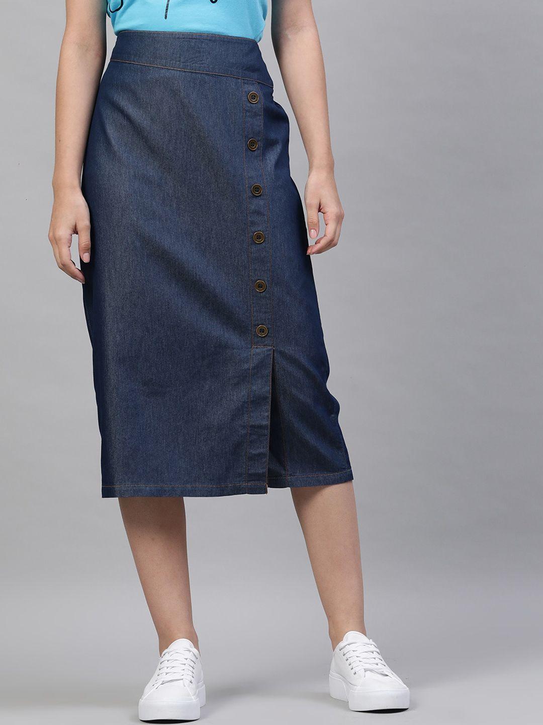 street 9 women blue solid knee-length denim midi straight skirt