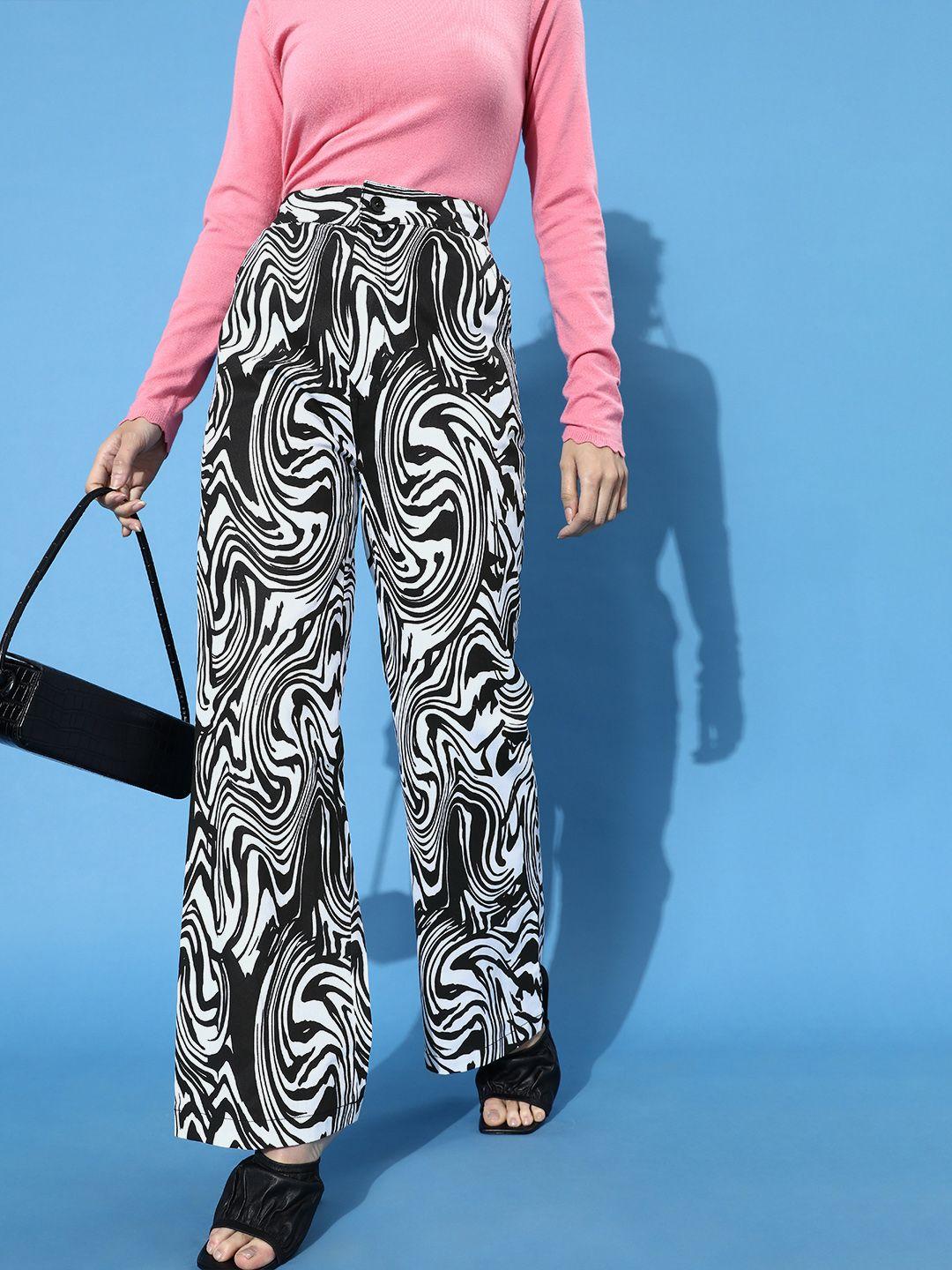 street 9 women classic white printed mid-rise trousers