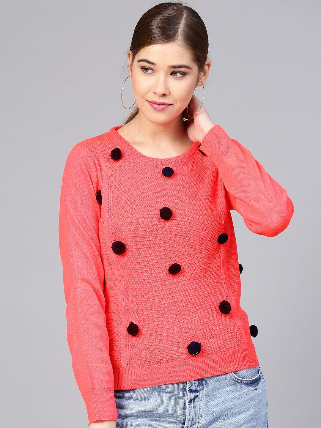 street 9 women coral pink pom-pom detail self design pullover