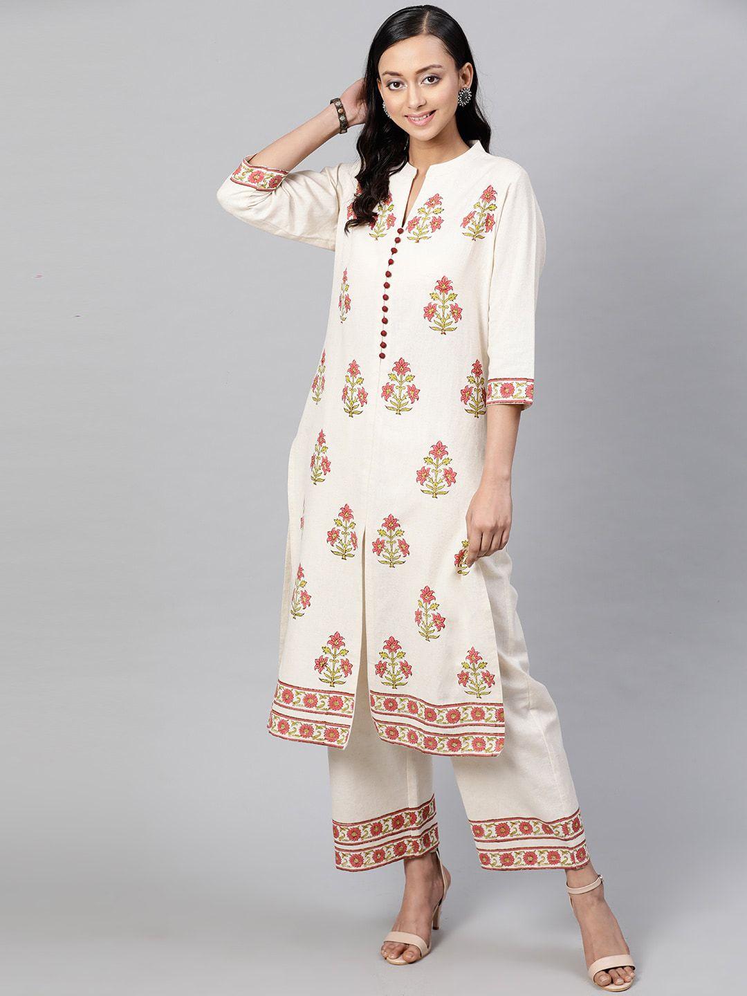 street 9 women cream-coloured & pink printed kurta with palazzos