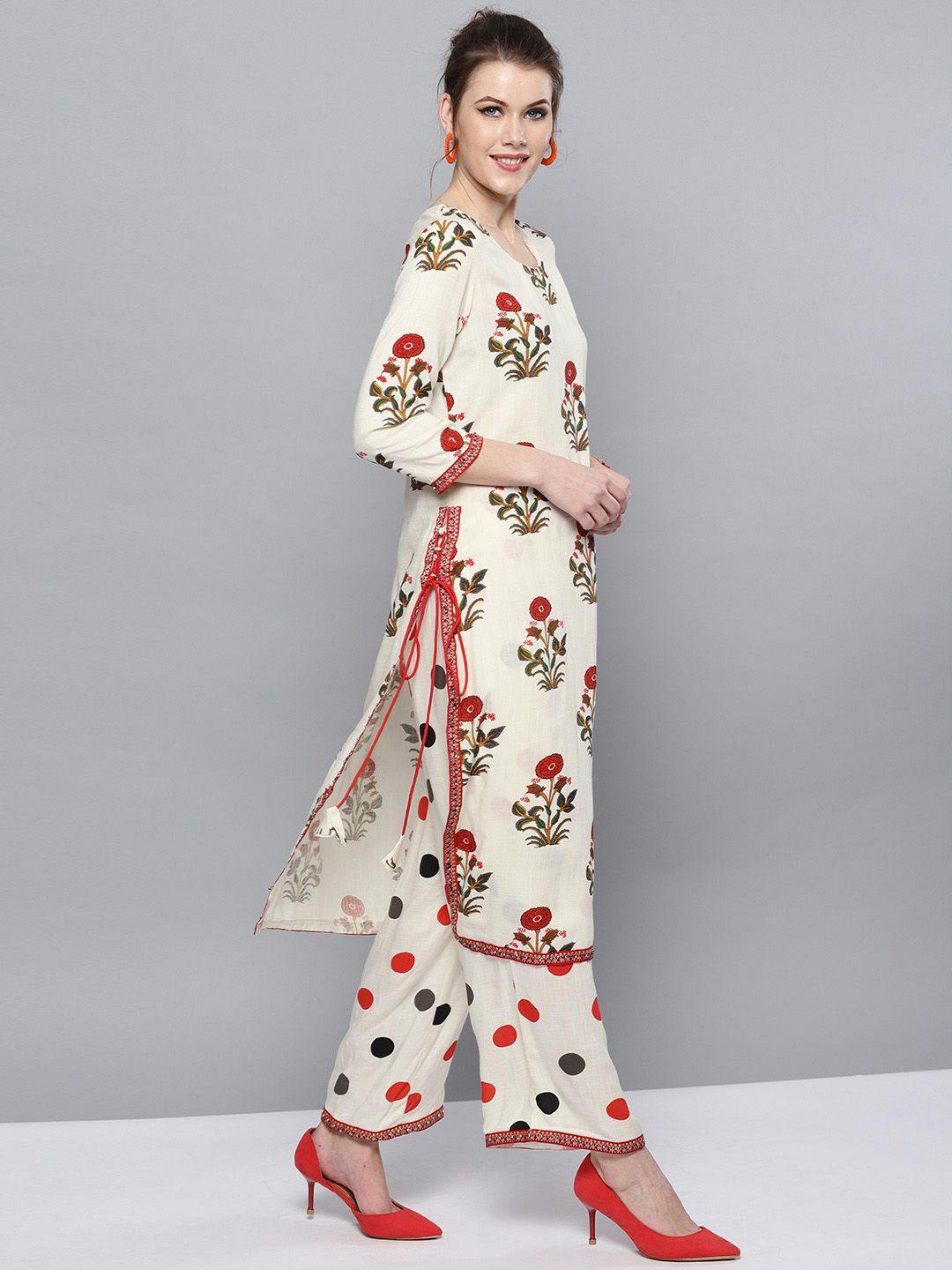 street 9 women cream-coloured & red printed kurta with palazzos