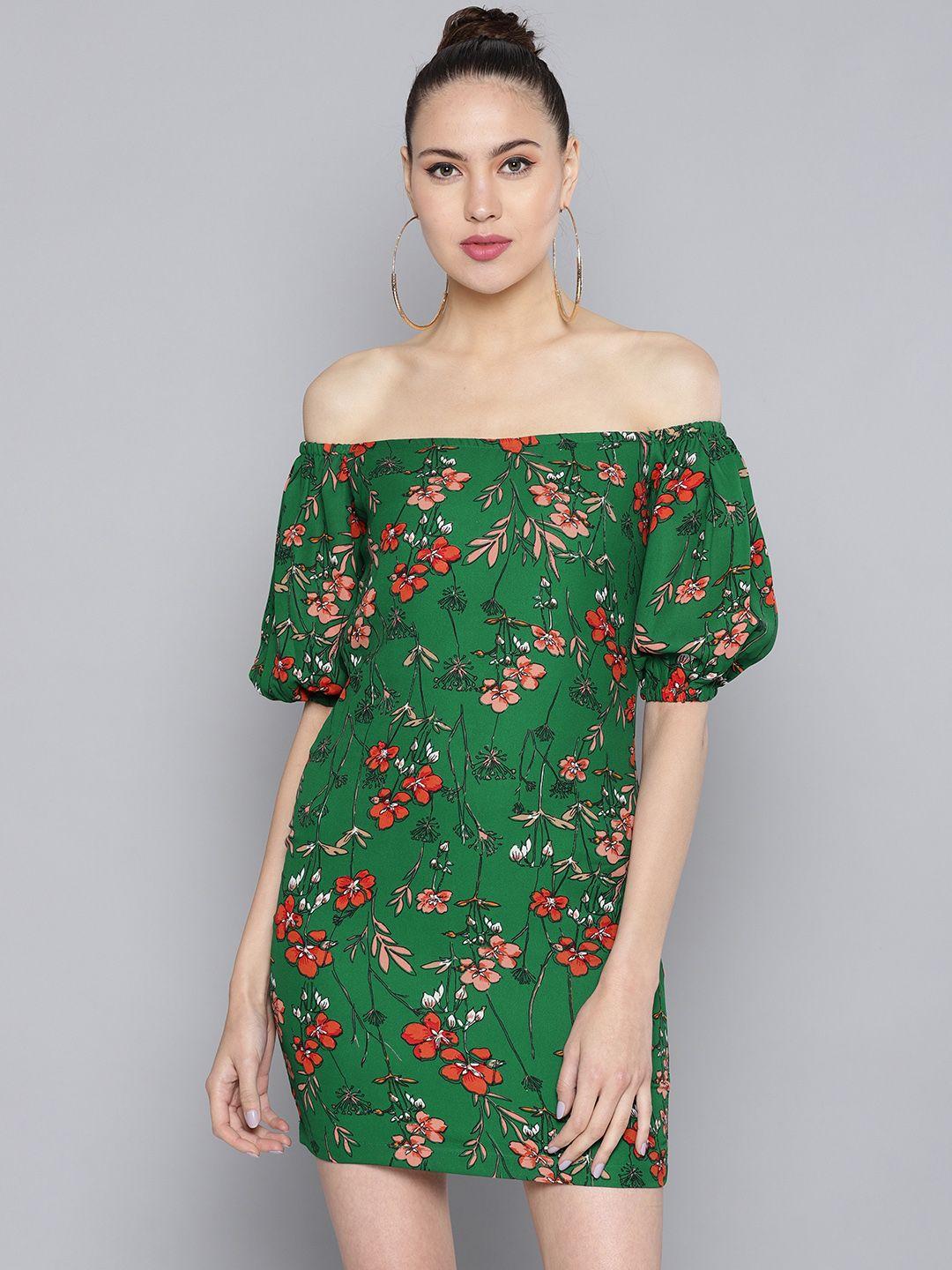 street 9 women green & red floral printed off-shoulder sheath dress