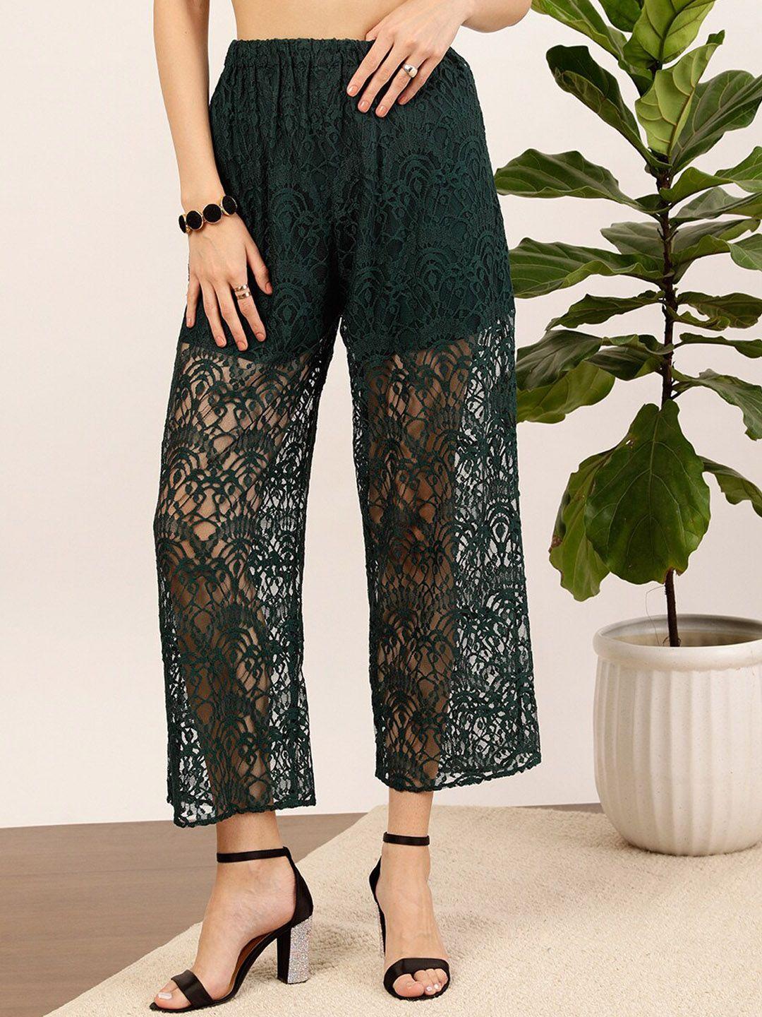 street 9 women green floral printed relaxed straight fit high-rise trousers