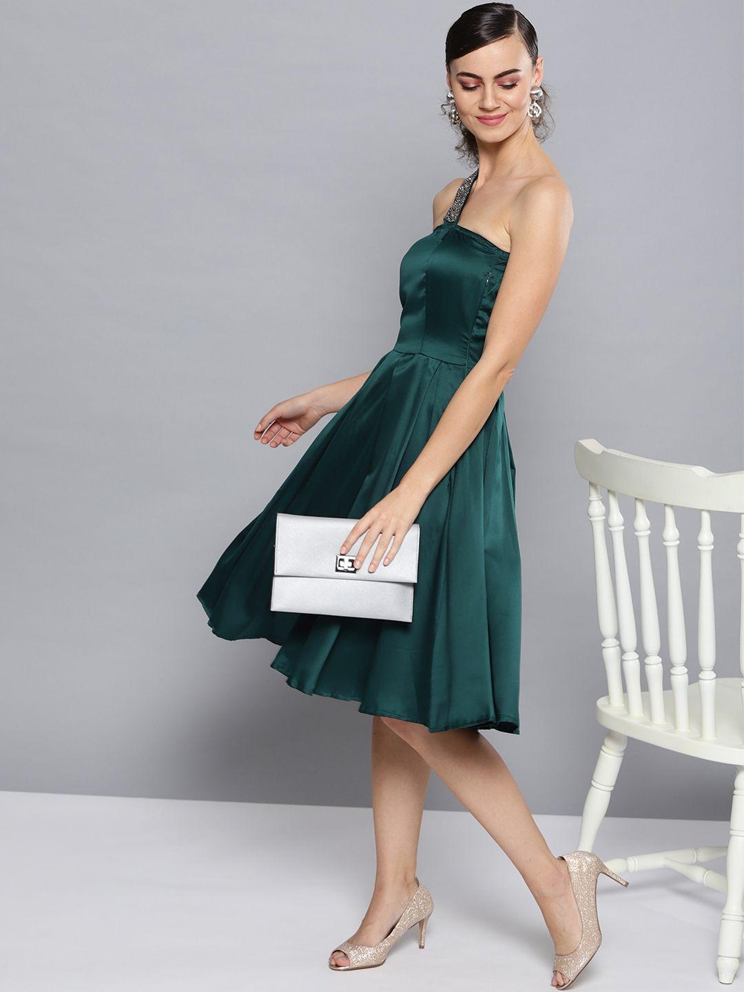 street 9 women green one shoulder satin finish solid fit and flare dress