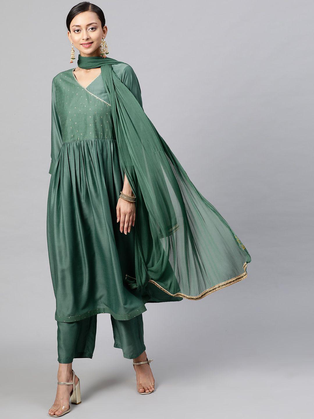 street 9 women green printed kurta with trousers & dupatta